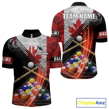 Canada Flag Custom Billiard Polo & 1/4 Zip Shirt For Men, Patriotic 8 Ball Pool Team Jersey TDM6045