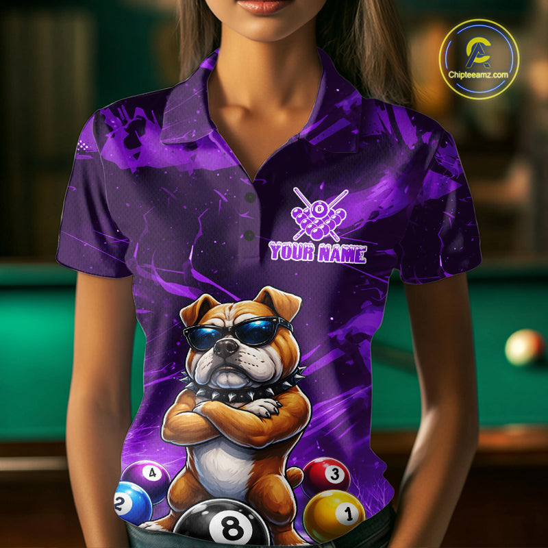 Funny Bulldog Pool Balls Billiard Shirt For Women Custom Billiard Team Jersey Polo & 1/4 Zip |Purple TDM6478