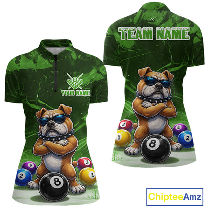 Funny Bulldog Pool Balls Billiard Shirt For Women Custom Billiard Team Jersey Polo & 1/4 Zip |Green TDM6479