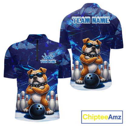 Personalized Blue Funny Bulldog Bowling Shirt For Men Custom Bowling Team Jersey Polo & 1/4 Zip TDM6480