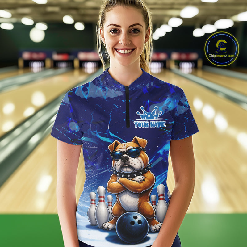 Personalized Blue Funny Bulldog Bowling Shirt For Women Custom Bowling Team Jersey Polo & 1/4 Zip TDM6480