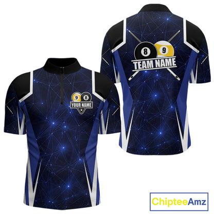 Blue 8 Ball & 9 Ball Pool Billiard Shirt For Men Custom Geometric Billiard Jersey Polo & 1/4 Zip TDM6482