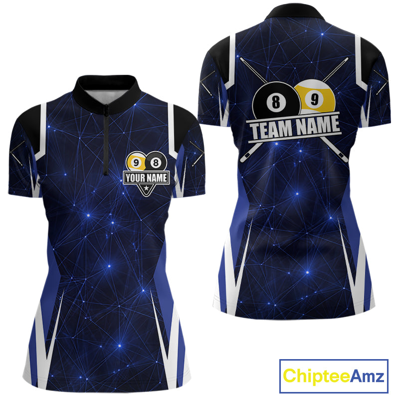 Blue 8 Ball & 9 Ball Pool Billiard Shirt For Women Custom Geometric Billiard Jersey Polo & 1/4 Zip TDM6482