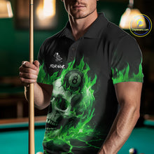 Load image into Gallery viewer, Man wearing a green flaming skull 8 ball billiard jersey beside a pool table front view.