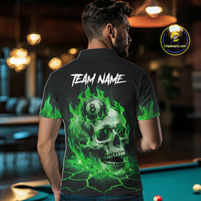 Load image into Gallery viewer, Back view of man wearing a green flaming skull 8 ball pool shirt in a billiards hall.