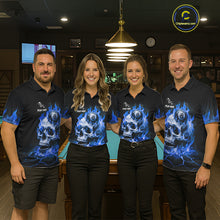 Load image into Gallery viewer, Pool team wearing matching blue flaming skull 8 ball and 9 ball billiard jerseys during league matches front view.