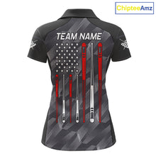Load image into Gallery viewer, Metal grey American flag 8 ball billiard polo shirt for women with patriotic pool team graphics.