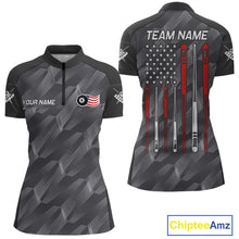 Load image into Gallery viewer, Metal grey American flag 8 ball billiard quarter zip shirt for women designed for league tournaments and team events.