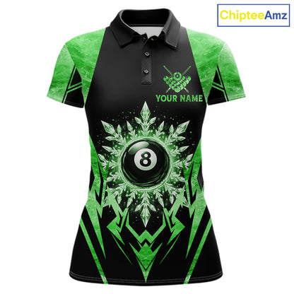 Black and green 8 ball pool icy billiard team jersey polo shirt for women featuring frozen ice effects and bold green highlights, premium custom pool league apparel for tournaments and league play.