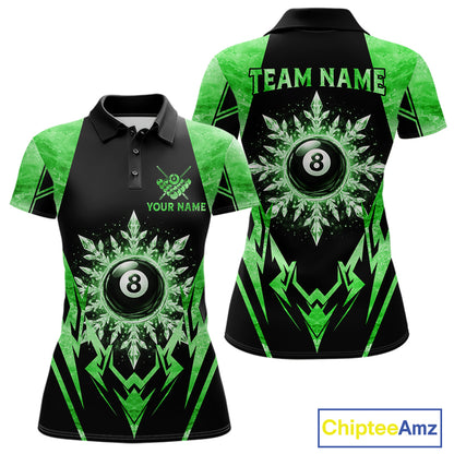 Black and green 8 ball pool icy billiard team jersey polo shirt for women featuring frozen ice effects and bold green highlights, premium custom pool league apparel for tournaments and league play.