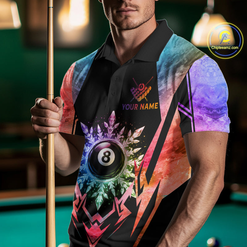 Man wearing custom colorful 8 ball pool icy billiard team jersey polo shirt featuring the colorful icy 8 ball design, front view.