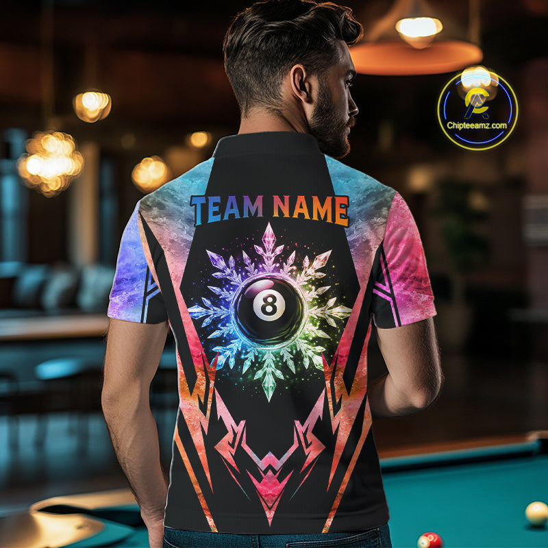 Man wearing custom colorful 8 ball pool icy billiard team jersey polo shirt featuring the colorful icy 8 ball design, back view.