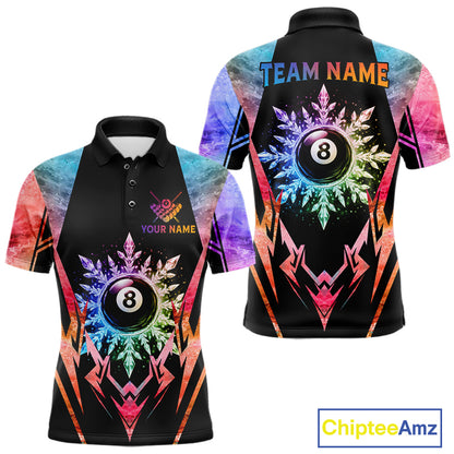 Custom colorful 8 ball pool icy billiard team jersey polo shirt for men featuring vibrant frozen ice artwork, premium pool league apparel for tournaments and competitive billiard players.