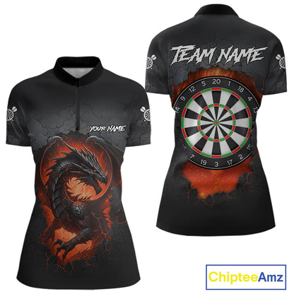 Personalized Grunge Dragon Womens Dart Shirts Custom Black Grey Dart Jerseys Team Polo & 1/4 Zip TDM5180