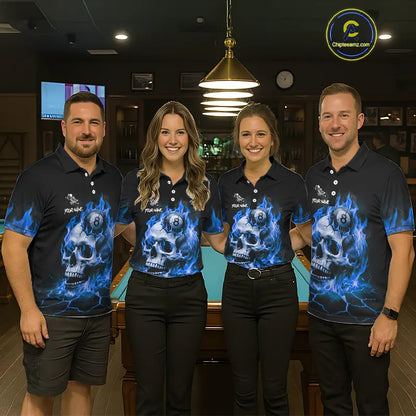 Blue Flaming Skull 8 Ball Billiard Shirt For Women Custom Pool Team Jersey Polo & Quarter Zip TDM5422