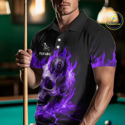 Purple Flaming Skull 8 Ball Billiard Shirt For Men Custom Pool Team Jersey Polo & Quarter Zip TDM5423