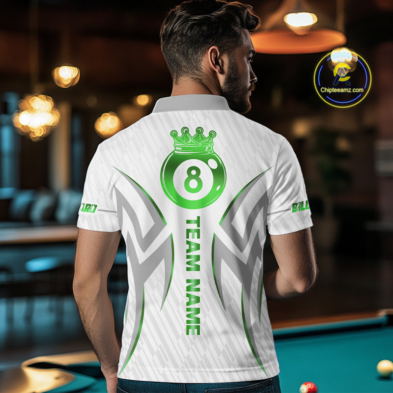 White And Green Custom Crown 8 Ball Men's Billiards Shirts, Billiard Jersey Team Polo & 1/4 Zip TDM6055