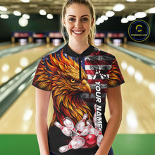 Load image into Gallery viewer, Woman Wearing Smoke American Flag Phoenix Bowling Quarter Zip Shirt Front View Custom Bowling Jersey