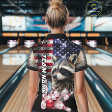 Load image into Gallery viewer, Woman Wearing Smoke American Flag Raccoon Bowling Polo Shirt Back View Patriotic Bowling Team Jersey