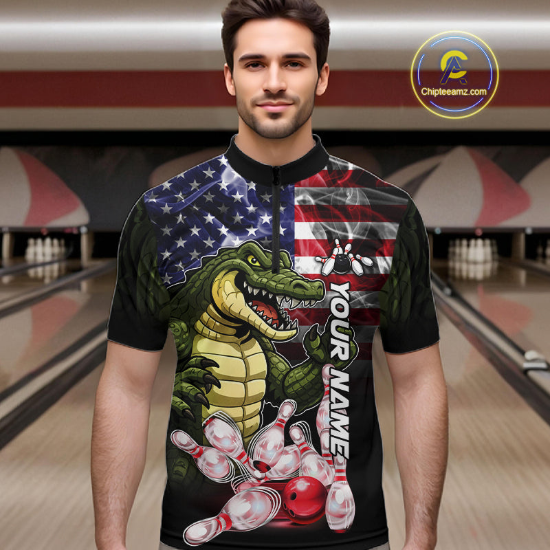 Man Wearing Smoke American Alligator Bowling Quarter Zip Shirt Front View Custom Bowling Jersey