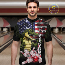 Load image into Gallery viewer, Man Wearing Smoke American Alligator Bowling Quarter Zip Shirt Front View Custom Bowling Jersey