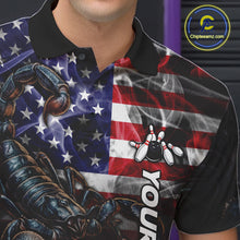Load image into Gallery viewer, Close Up Of Smoke American Flag Scorpion Bowling Polo Shirt Collar Chest And Button Details