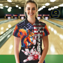 Load image into Gallery viewer, Woman Wearing Smoke American Flag Squirrel Bowling Polo Shirt Front View Custom Patriotic Bowling Jersey