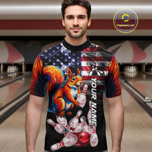 Load image into Gallery viewer, Man Wearing Smoke American Flag Squirrel Bowling Quarter Zip Shirt Front View Custom Bowling Jersey