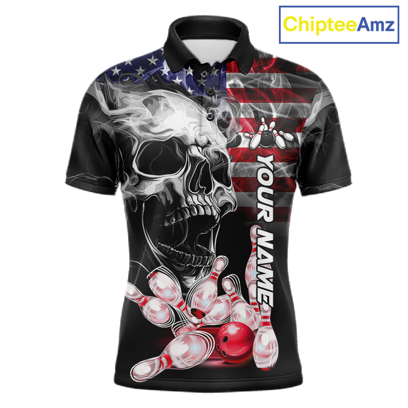 Smoke American Flag Skull Bowling Polo Shirt For Men Custom Patriotic Bowling Team Jersey Design