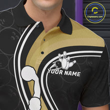 Load image into Gallery viewer, Close Up Of Black And Gold Retro Bowling Polo Shirt Collar Chest And Button Details