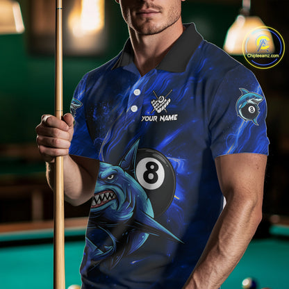 Personalized Blue 8 Ball Shark Billiard Shirt For Men Custom Billiard Team Jersey Polo & 1/4 Zip TDM5192