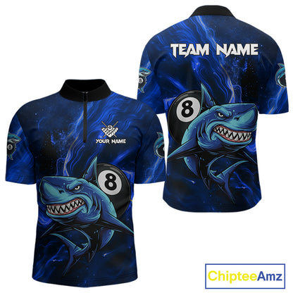 Personalized Blue 8 Ball Shark Billiard Shirt For Men Custom Billiard Team Jersey Polo & 1/4 Zip TDM5192
