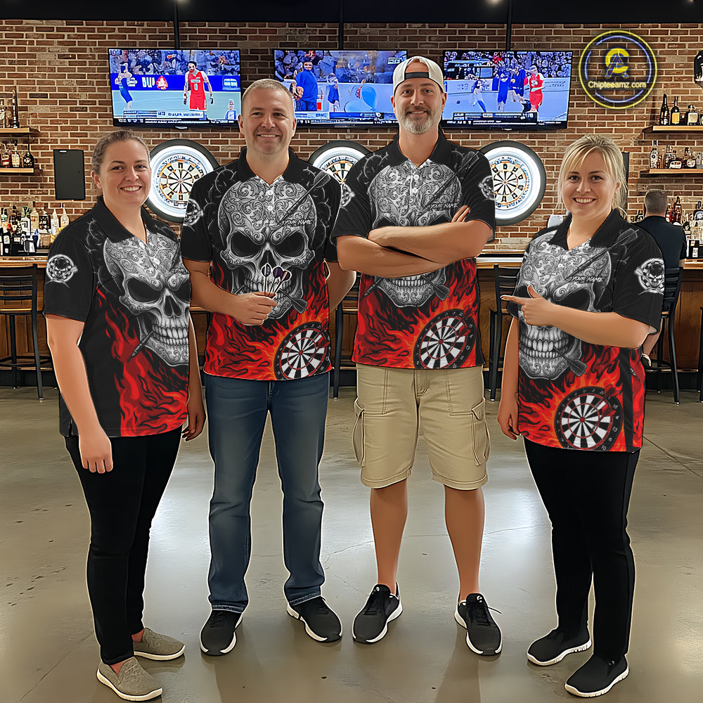 Black And Red Flaming Skull Darts Shirt For Women Custom Darts League Jersey Team Polo & 1/4 Zip TDM5435