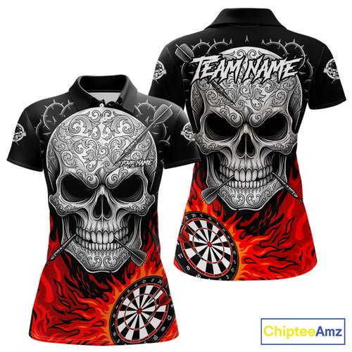Black And Red Flaming Skull Darts Shirt For Women Custom Darts League Jersey Team Polo & 1/4 Zip TDM5435