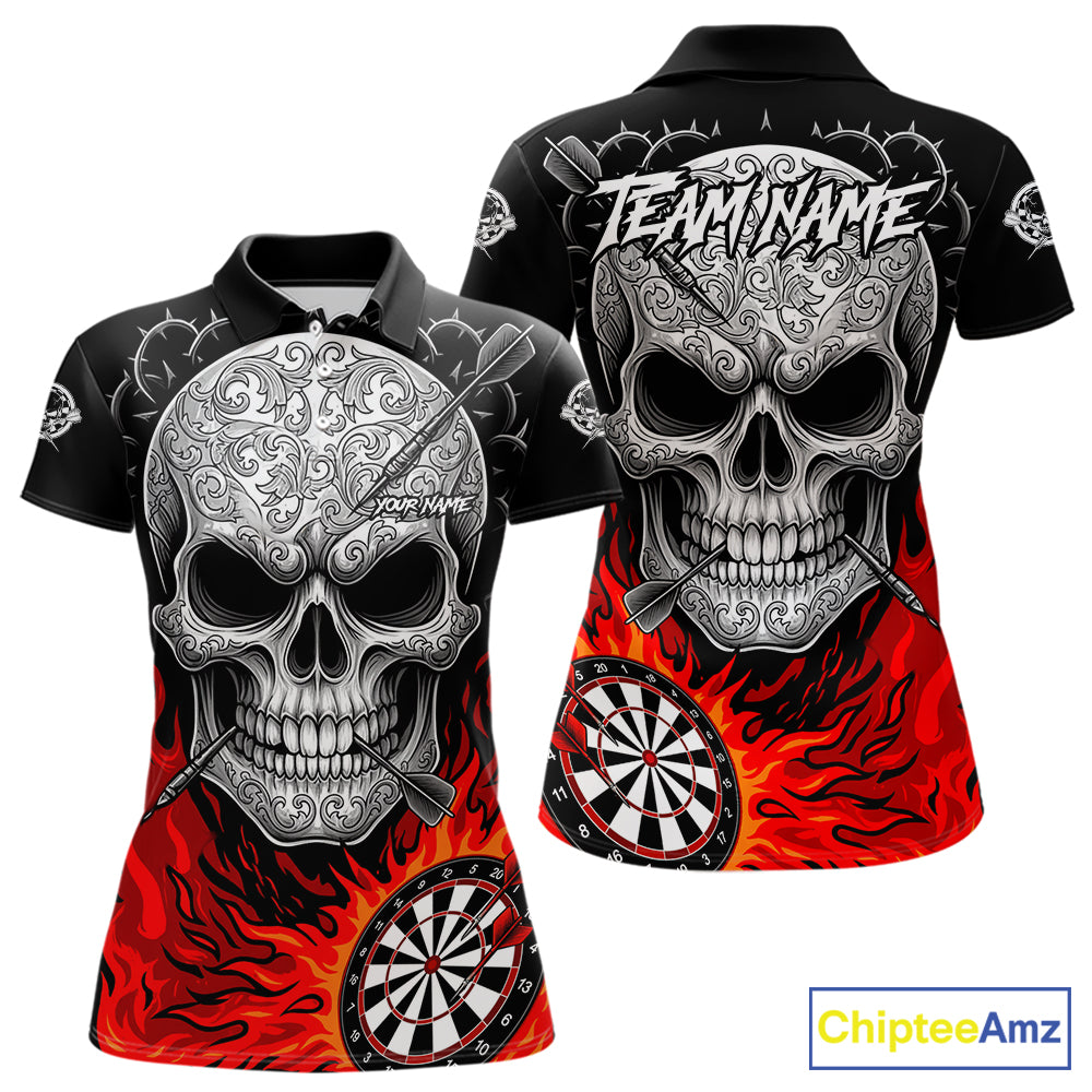 Black And Red Flaming Skull Darts Shirt For Women Custom Darts League Jersey Team Polo & 1/4 Zip TDM5435