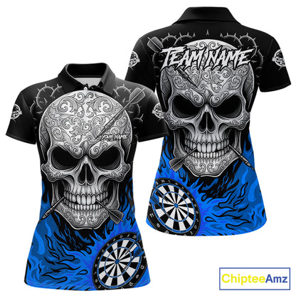 Black And Blue Flaming Skull Darts Shirt For Women Custom Darts League Jersey Team Polo & 1/4 Zip TDM5436