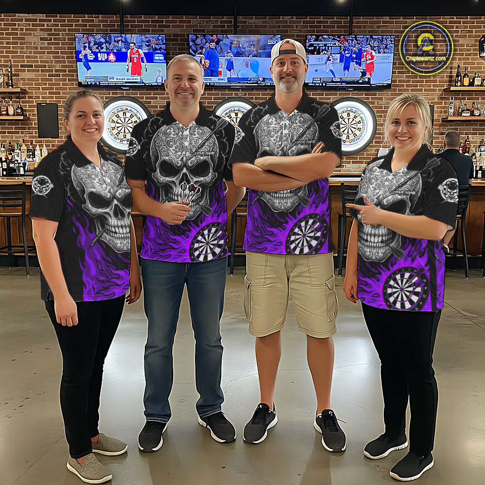 Black And Purple Flaming Skull Darts Shirt For Men Custom Darts League Jersey Team Polo & 1/4 Zip TDM5437