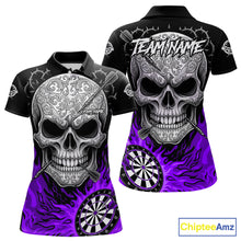 Load image into Gallery viewer, Black And Purple Flaming Skull Darts Shirt For Women Custom Darts League Jersey Team Polo &amp; 1/4 Zip TDM5437