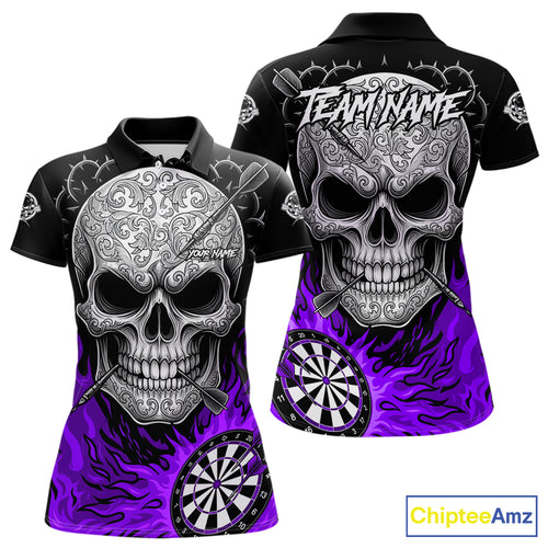 Black And Purple Flaming Skull Darts Shirt For Women Custom Darts League Jersey Team Polo & 1/4 Zip TDM5437