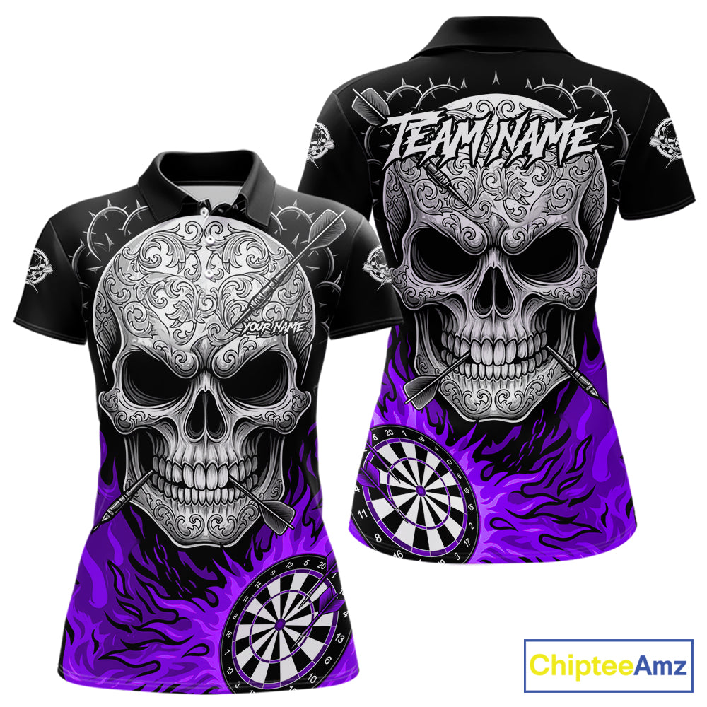 Black And Purple Flaming Skull Darts Shirt For Women Custom Darts League Jersey Team Polo & 1/4 Zip TDM5437