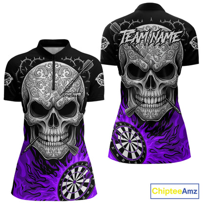 Black And Purple Flaming Skull Darts Shirt For Women Custom Darts League Jersey Team Polo & 1/4 Zip TDM5437