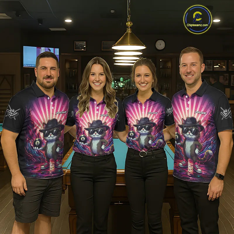 Funny Cat 8 Ball Billiard Shirt For Women Custom Neon Graffiti Billiard Jersey Team Polo & 1/4 Zip TDM5444