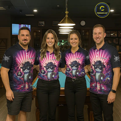 Funny Cat 8 Ball Billiard Shirt For Women Custom Neon Graffiti Billiard Jersey Team Polo & 1/4 Zip TDM5444