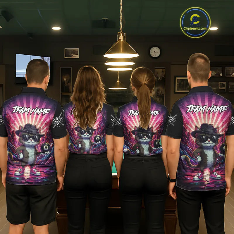 Funny Cat 8 Ball Billiard Shirt For Women Custom Neon Graffiti Billiard Jersey Team Polo & 1/4 Zip TDM5444