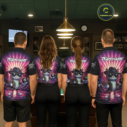 Funny Cat 8 Ball Billiard Shirt For Women Custom Neon Graffiti Billiard Jersey Team Polo & 1/4 Zip TDM5444
