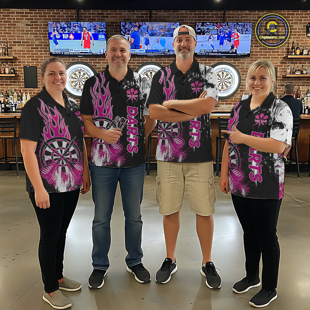 Personalized Pink Grunge Mens Dart Shirts Custom Dart Jerseys Team Polo & 1/4 Zip, Darts Uniform TDM5701