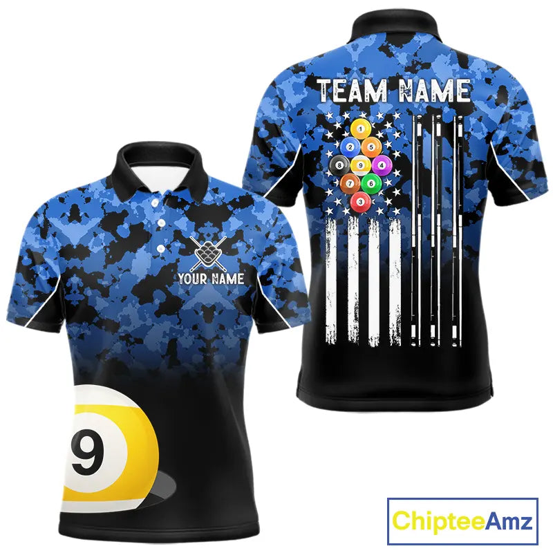 9 Ball Pool Blue Camo Custom Billiard Shirts For Men, Patriotic US Flag Billiard Team Jerseys TDM5711