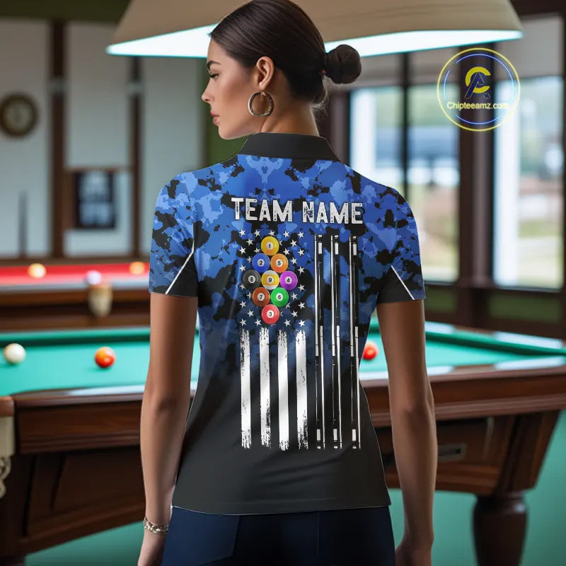 9 Ball Pool Blue Camo Custom Billiard Shirts For Women, Patriotic US Flag Billiard Team Jerseys TDM5711