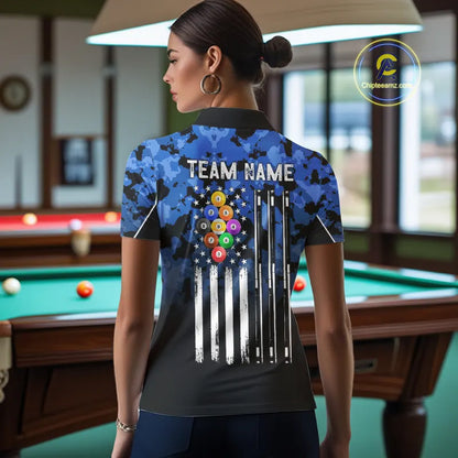 9 Ball Pool Blue Camo Custom Billiard Shirts For Women, Patriotic US Flag Billiard Team Jerseys TDM5711