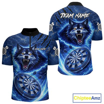 Personalized Blue Dartboard Lightning Wolf Darts Shirt For Men, Darts Team Jersey Polo & 1/4 Zip TDM5918